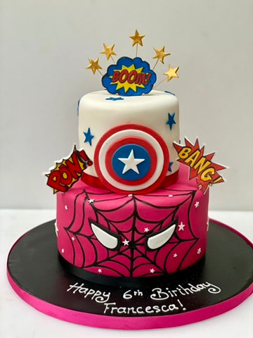 Pink Spiderman Themed two tier birthday cake