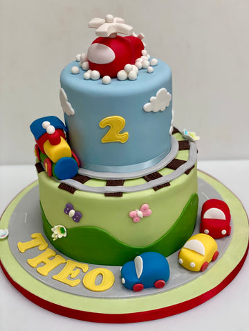 2 Tier Train, Car and Helicopter Cake