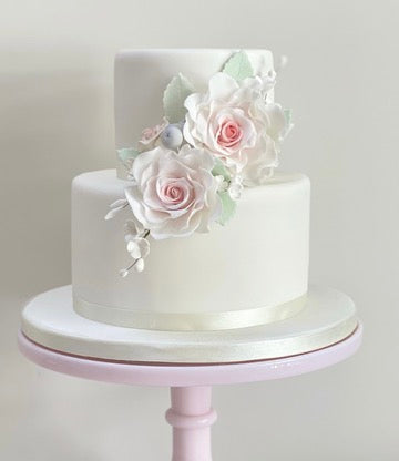 2 Tiered Pink Rose Wedding Cake