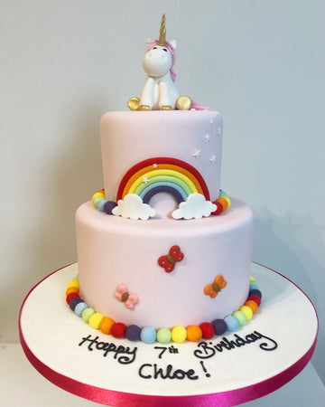 2 tier pink rainbow unicorn cake with rainbow balls and butterflies