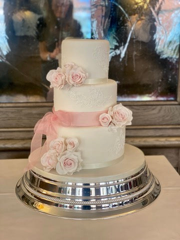 3 Tier Wedding Cake decorated with Pink Roses, Edible Lace and Gauze Pink Ribbon