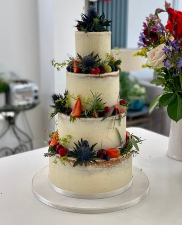 4 Tier Semi Naked Wedding Cake with Berries and Thistles