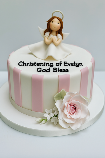 Striped cake with an angel figurine and flowers, decorated for a christening celebration.