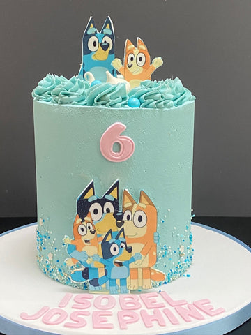 Bluey themed buttercream birthday cake with his family