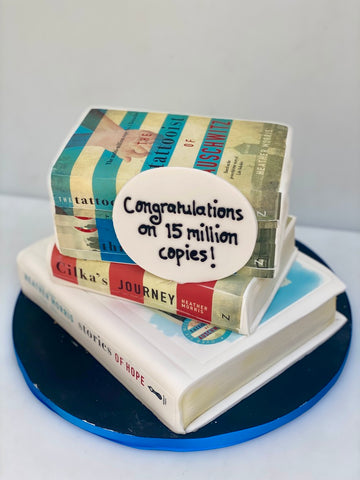 Cake to look like a stack of books to celebrate Heather Morris selling 15 million copies of her books