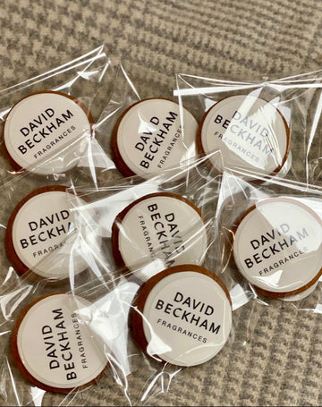 Cookies branded with David Beckham Fragrances logo for a product launch