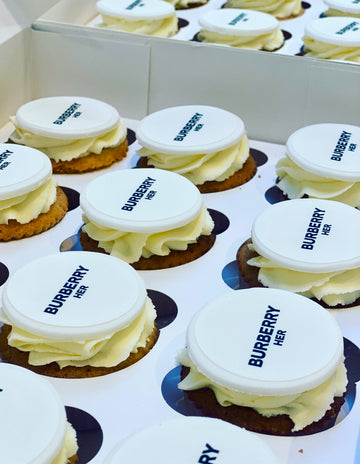 Branded cupcakes with the Burberry logo for a corporate event