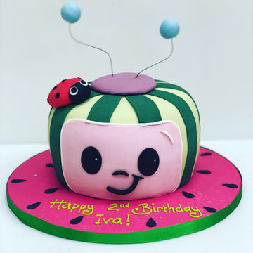 Birthday cake carved to be in the shape of coco melon with a ladybird on the side