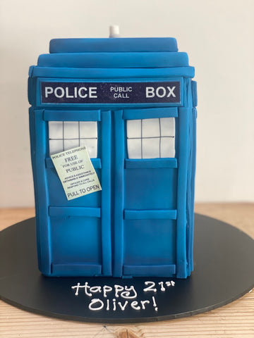 Birthday Cake decorated to look like the tardis from doctor who