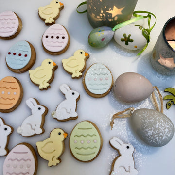 Easter-themed cookies and decorations including bunnies, eggs and chicks