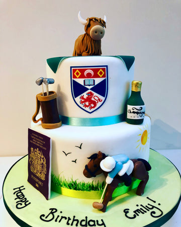 Two-tier birthday cake with horse and jockey, polo mallet, and bottle design on a white background.