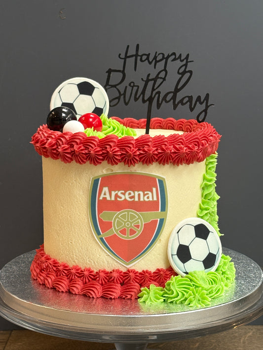 Football birthday cake with Arsenal team logo on it available to order online for london delivery