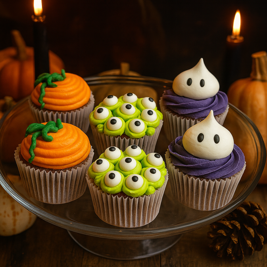 Halloween themed cupcakes including pumpkin cupcakes, googly eyes cupcakes and meringue ghost cupcakes
