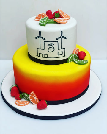 Cake made for Innocent Smoothies showing their factory and fruit