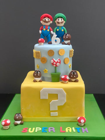 Mario themed birthday cake with the Yellow Mystery block, Mario and Luigi and Goomba