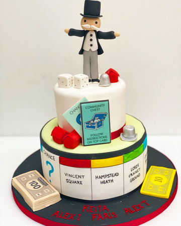Monopoly-themed cake with game pieces, money, dice and figures