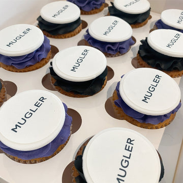 Branded Logo Cupcakes with 'Mugler' branding