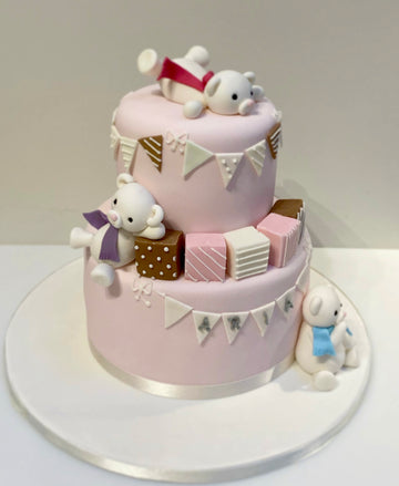 Birthday, christening or babyshower cake with partying polar bears to decorate