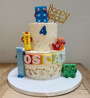 Birthday cake decorated with sugar numberblocks