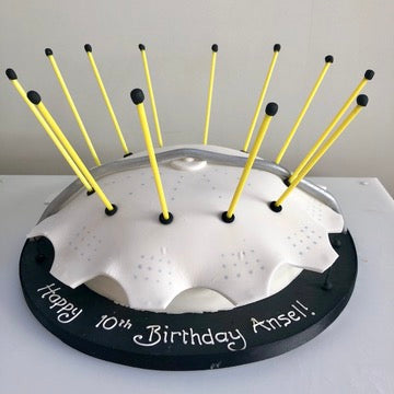 Cake carved and decorated to look like london's O2 Arena