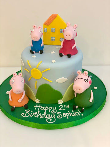Birthday cake with Peppa pig, george, mummy pig and daddy pig with their house