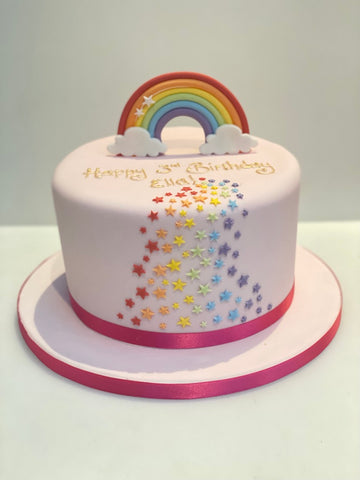 Birthday cake with pink icing and rainbow stars to decorate