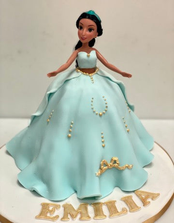Princess Jasmine Barbie doll made into a dress cake