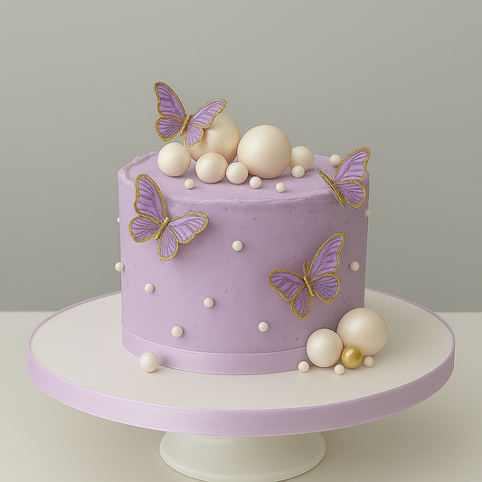 purple cake withe purple butterflies and cream and gold balls