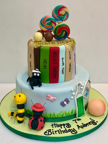 Birthday cake themed with things from Roald Dahl's books, giant peach, BFG