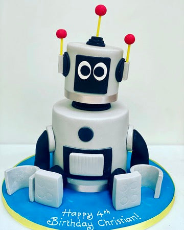 Cool Robot birthday cake carved and decorated to look like a robot