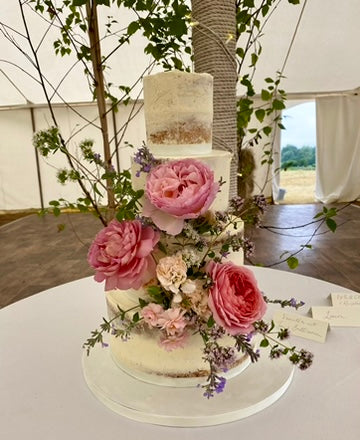 Rustic Semi Naked Wedding Cake with carefree large pink flowers