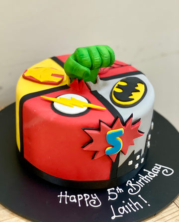 Single tier superhero cake with hulk, ironman, spiderman, batman and lightening