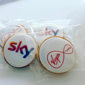 Branded corporate Cookies with Sky and Virgin Media logos in clear packaging