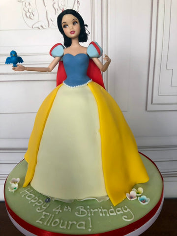 Birthday cake with a doll inside decorated like snow white