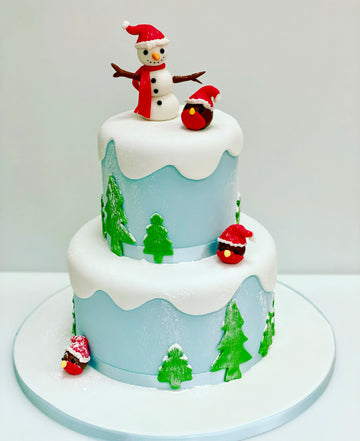 Two-tiered Christmas cake with snowman, robins and tree decorations on a white background