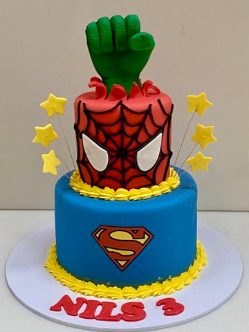 2 Tier superhero themed birthday cake with hulk, spiderman and superman