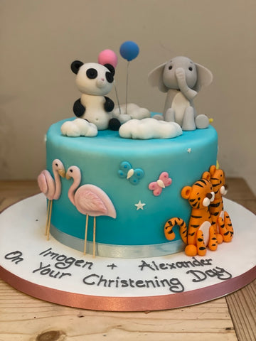 Christening Cake for Twins with Pairs of Animals to decorate