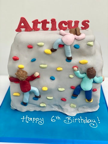 Birthday cake with climbing wall design and children on a blue tray