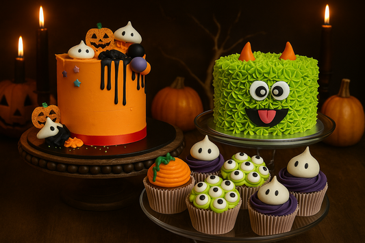 Halloween cakes london a table of spooky cupcakes, a monster themed halloween cake and a halloween drip cake on an orange halloween cake london