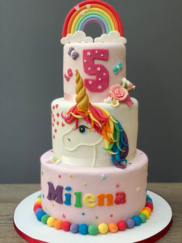 3 tier birthday cake with rainbow unicorn, rainbows and rainbow balls
