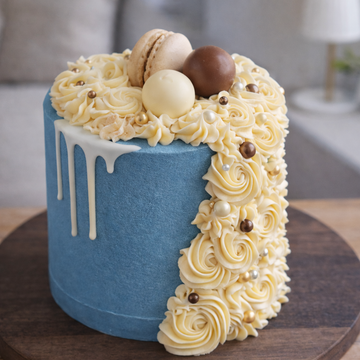 Blue and Cream Drip and Rosette Cake delivered london