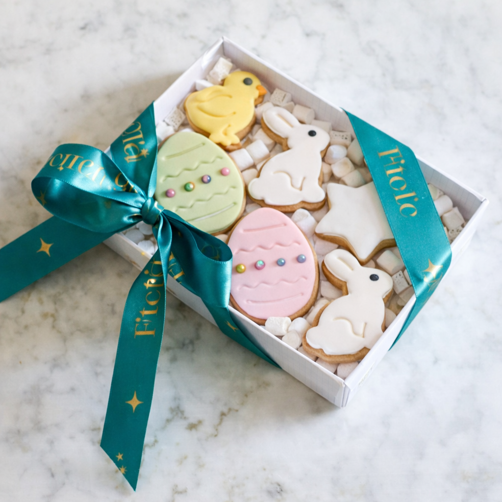 Box of Easter-themed cookies with a teal ribbon on a marble surface