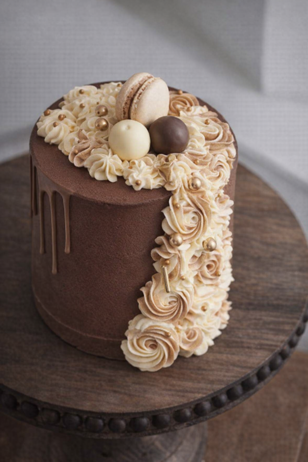 chocolate latte drip cake wtih truffles and macarons delivered in london