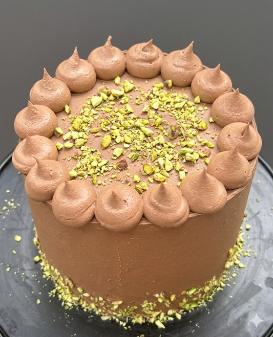 Chocolate cake with pistachio crumb topping like dubai cake delivered london