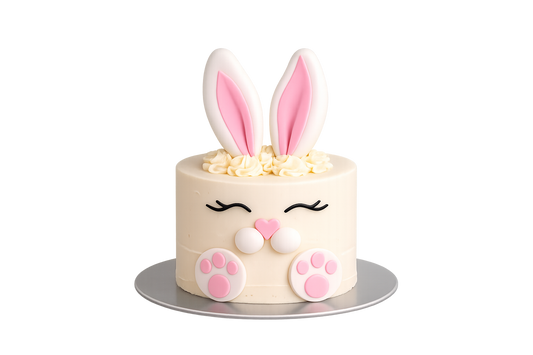 Cake decorated like a bunny with pink ears and paw prints on a white background