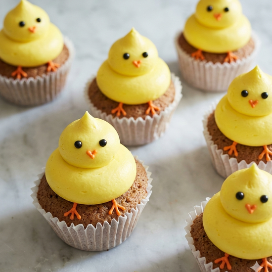 Cupcakes decorated like small yellow chicks on a marble surface delivered across london