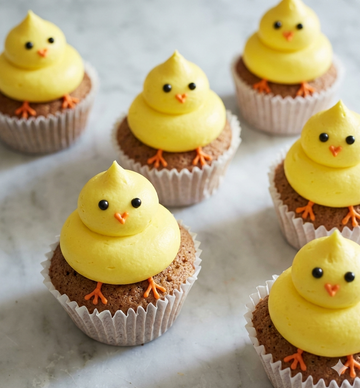 Cupcakes decorated like small yellow chicks on a marble surface delivered across london