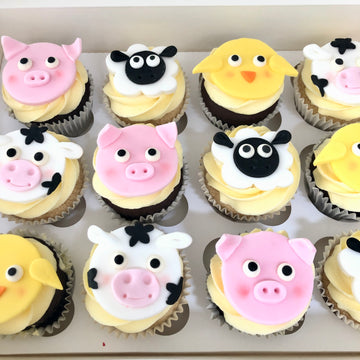 Cupcakes decorated with Farm Animal faces
