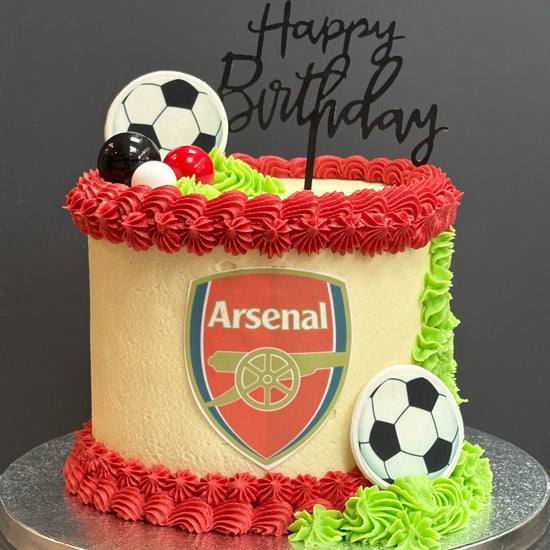 Football birthday cake with Arsenal team logo on it available to order online for london delivery
