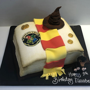 Harry potter spell book birthday cake - carved to look like a spell book, this birrthday cake has a sorting hat and hogwarts scarf on it